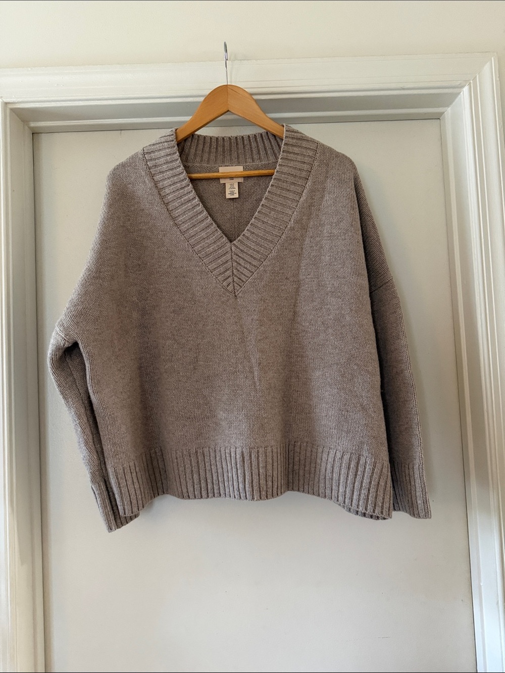 H&M Neutral Taupe V-Neck 100% Wool Sweater